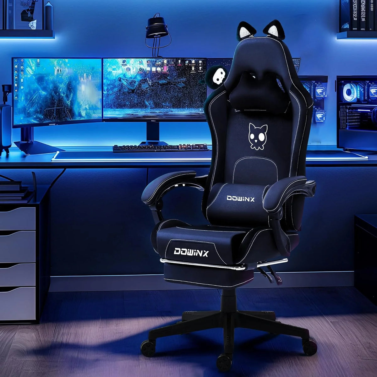 Dowinx Gaming Chair Cute with Cat Ears and Massage Lumbar Support, Ergonomic Computer Chair for Girl with Footrest and Headrest, Comfortable Reclining Game Chair 290lbs for Adult, Teen, Blue Green