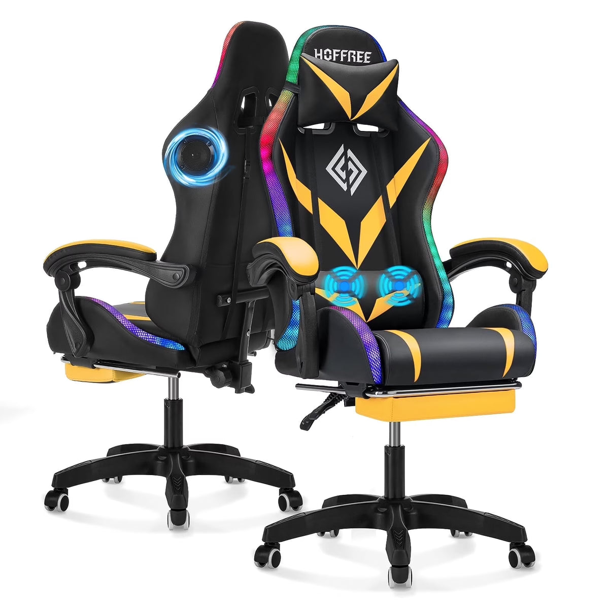 Hoffree Gaming Chair with Speakers PU Leather Office Chair with Footrest and LED Lights Ergonomic Gamer Chair with Massage Lumbar Support and Headrest Adjustable Swivel for Home Office 300lb