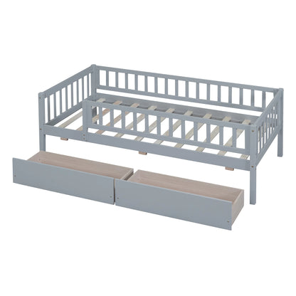 Holaki Twin Size Wood Bed with Guardrails and 2 Storage Drawers for Kids, Gray
