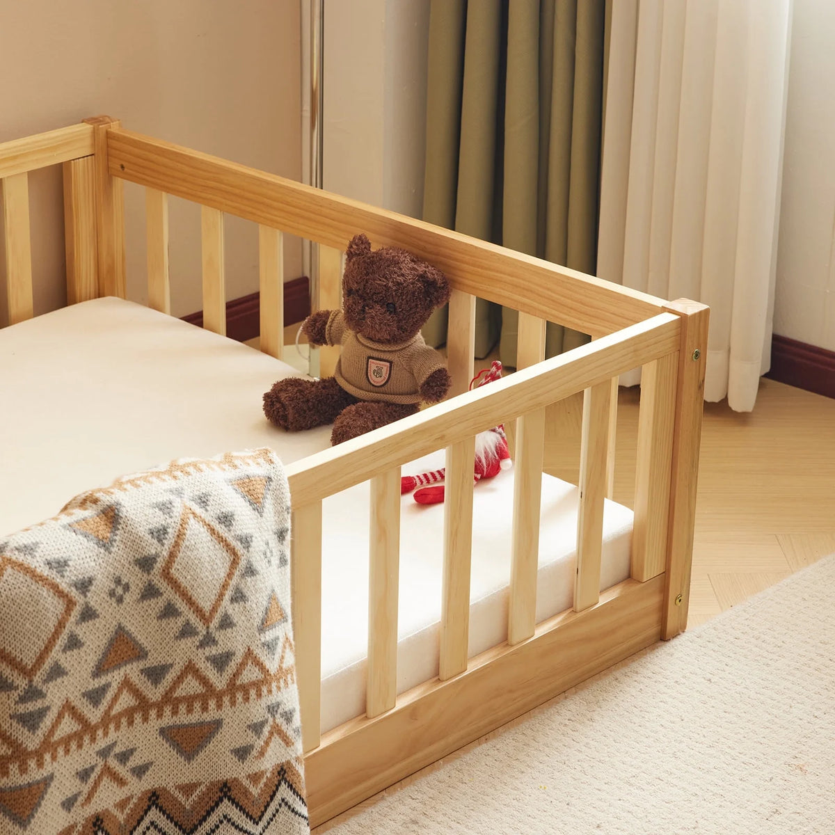 Ktaxon Montessori Twin Floor Bed with Safety Guardrails, Toddler Bed Frame for Kids, Wood Frame - Nature