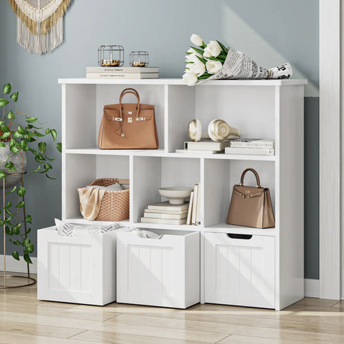 Homfa Toy Storage Organizer with 3 Movable Drawers, 5 Cube Kids Bookcase for Playroom, Storage Cabinet for Living Room, White Finish