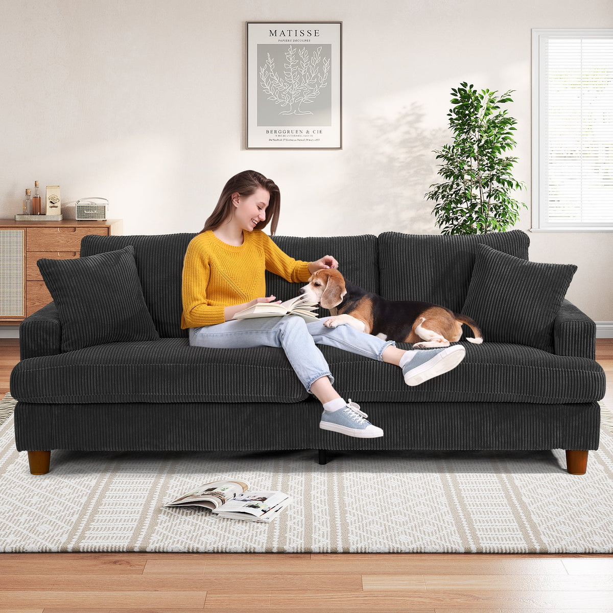 87" Corduroy Sofa,3 Seater Sofa with Extra Deep Seats,Neche Comfy Upholstered Couch for Living Room,2 Pillows,Green