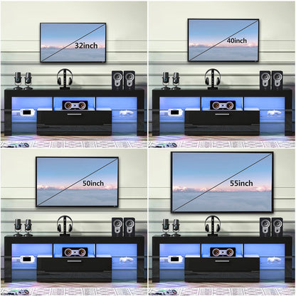 UHOMEPRO TV Stand for TV up to 70", Living Room Entertainment Center with RGB LED Lights and Storage Shelves Furniture, White High Gloss TV Cabinet Console Table