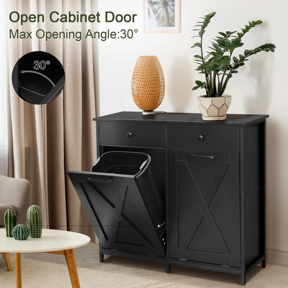 Pirecart 20 Gallon Double Tilt Out Trash Cabinet Wood Hidden Storage Cabinet, Recycling Cabinet with 2 Drawers, Black