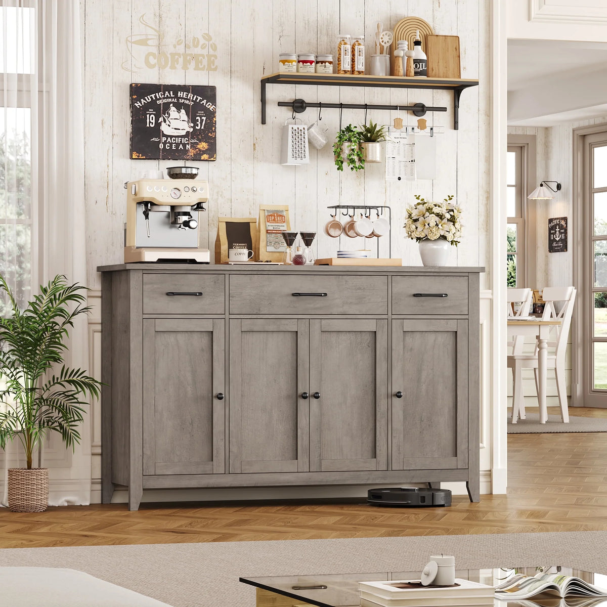 Hiphuta 55"Wide Buffet Cabinet with 2 Adjustable Shelves, Modern Farmhouse Coffee Bar with 3 Drawers and Sturdy Base for Living Room, White