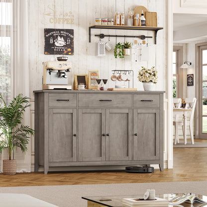 Hiphuta 55"Wide Buffet Cabinet with 2 Adjustable Shelves, Modern Farmhouse Coffee Bar with 3 Drawers and Sturdy Base for Living Room, White