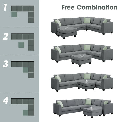 Harper & Bright Designs Modular Sectional Sofa with Ottoman Couch L Shape Corner Sofa Sets 7 Seats Fabric Couch for Living Room, Black, 112 * 87 inch