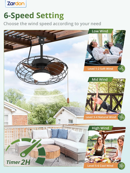 Zardon 20" Outdoor Ceiling Fan with Light and Remote, 7 Blades Caged Waterproof Gazebo Fan for Patio, Porch, Pergola Canopy, App Control