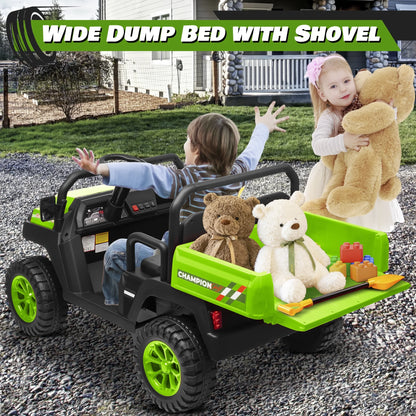 Joyracer 4WD 24 Volt Ride on Toys UTV with 2 Seater & Remote Control, Kids Electric Golf Cart w/ 4x200W Power Motors, Tiltable Trailer & Shovel, 4 Wheels Spring Suspension, Bluetooth USB Music, Black