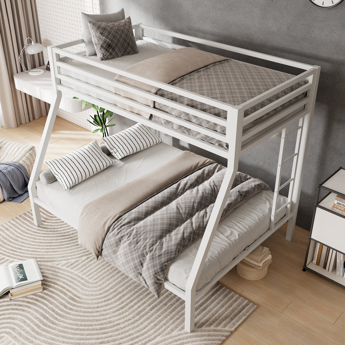 Amolife Twin over Full Size Metal Bunk Bed with Removable Ladder, Full-Length Guardrail, Black