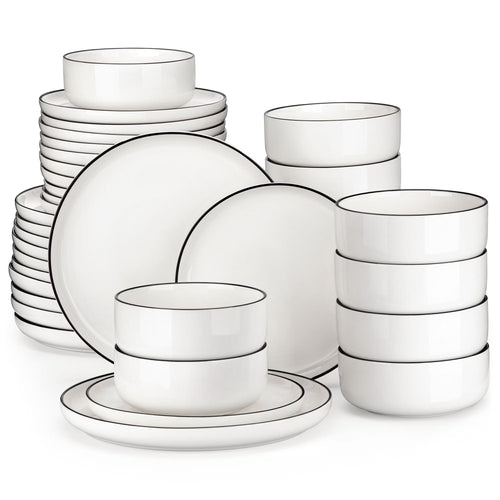 vancasso 36 Pieces Dinnerware Sets, Plates and Bowls Set for 8, Porcelain Dinner Set, White with Black Rim