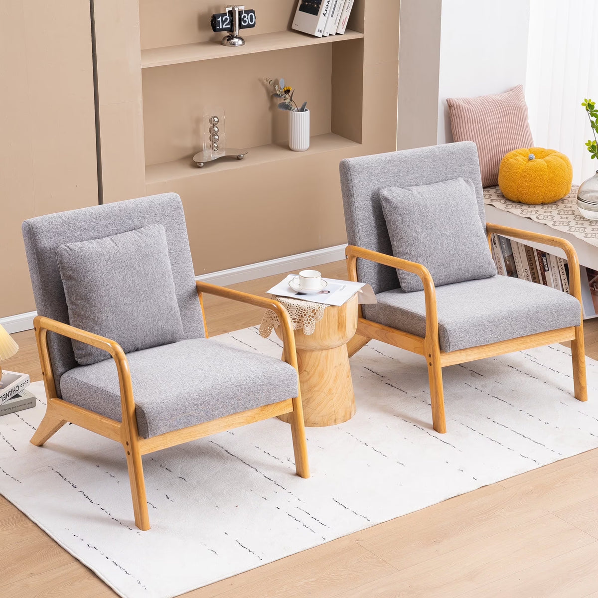 JULY'S SONG Mid Century Modern Accent Chair Set of 2, Linen Upholstered Reading Chairs for Living Room, 25.6" W Fabric Comfy Armchair, Beige