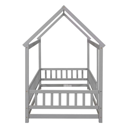 Twin Size House Bed for Boys and Girl, Wooden Canopy Bed Tent Bed, Playhouse Design Bed Frame with Full-lenth Guardrail, Bedroom Furniture, 79.5��L x 44.8��W x 66.2��H, White