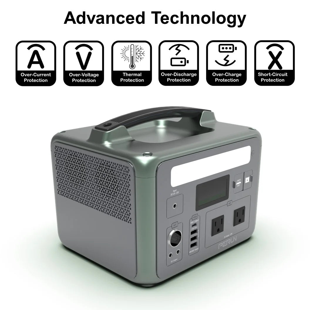 PERUN Portable Power Station Pure Sine Wave Solar Generator, 1200 Peak starting Watts 600 Watts continuous Powered by Yard Force, Jumpstart capable, LED light, home, camping, electronic devices