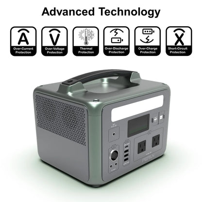 PERUN Portable Power Station Pure Sine Wave Solar Generator, 1200 Peak starting Watts 600 Watts continuous Powered by Yard Force, Jumpstart capable, LED light, home, camping, electronic devices