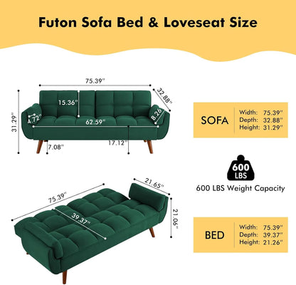 Mydepot Convertible Futon Sofa Bed, Adjustable Couch Sleeper Modern Fabric Recliner Reversible Loveseat Folding Daybed Guest Bed, Armrests, Yellow