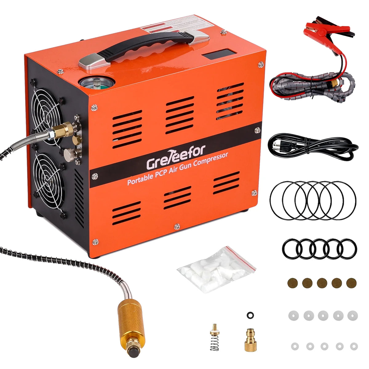Greteefor PCP Air Compressor, Built-in 600W Adapter, 4500Psi/30Mpa, 350W Motor, 12V DC or 110V/220V AC Power, Auto Stop, Water/Oil free &Cooling Fan for Air Rifle, Paintball, HPA Tanks LightWeight