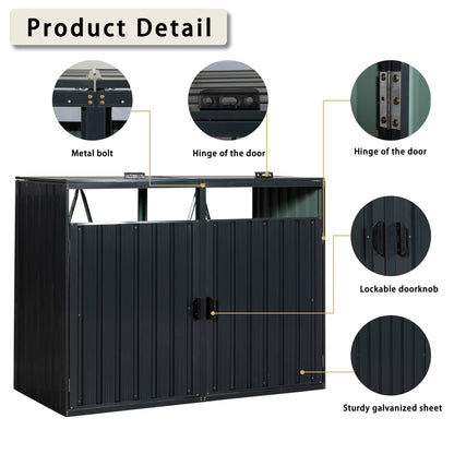 JXXRZ Metal Garbage Bin Shed for 2 Trash Cans with Lockable Doors and Lids,Galvanized Steel Garbage Bin Storage Shed for Garden Yard Lawn, Black