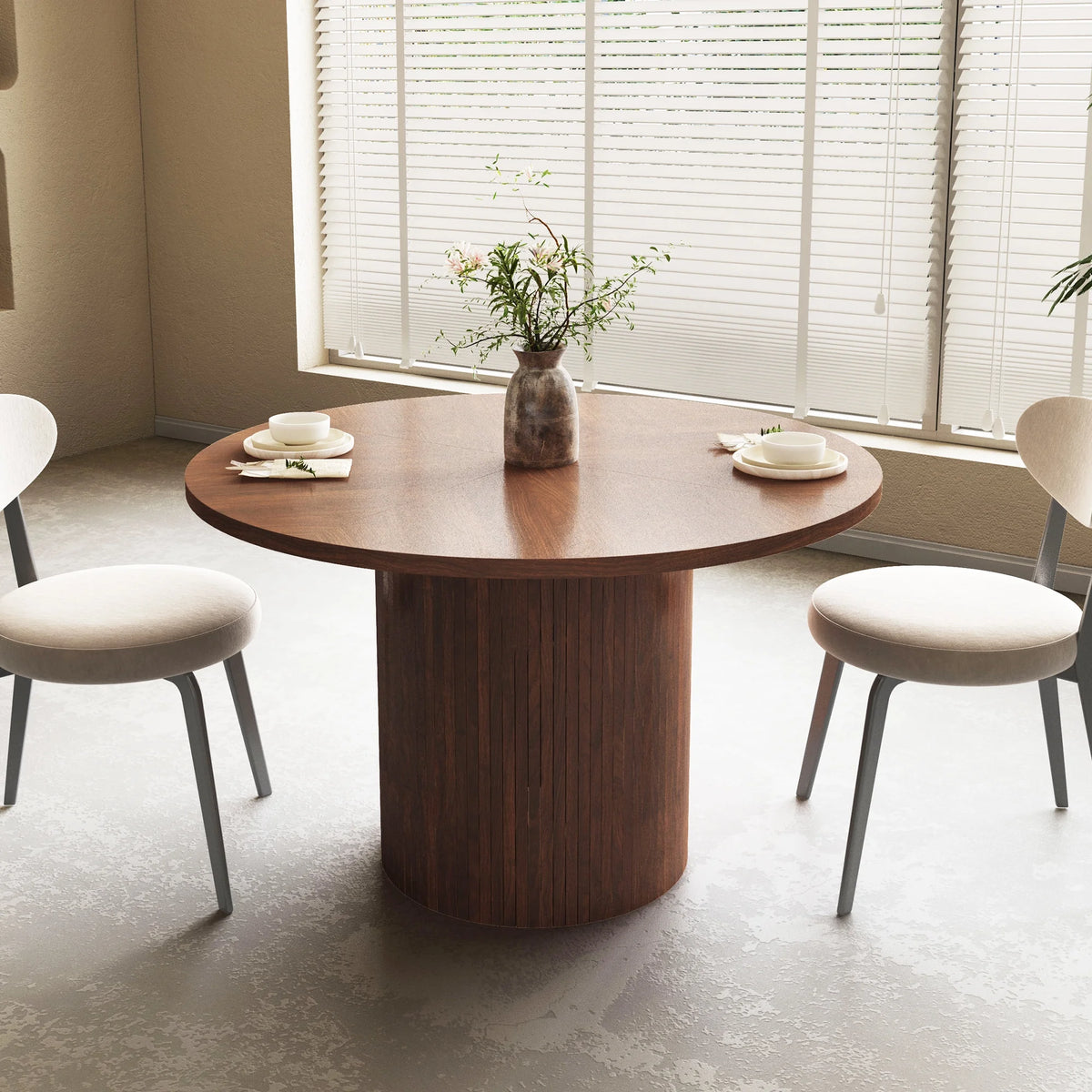 Wirrytor Round Dining Table, Modern Farmhouse Kitchen Table, 47 Inch Coffee Circle Dining Tables with Wood Strip Base for Kitchen Living Room, Black
