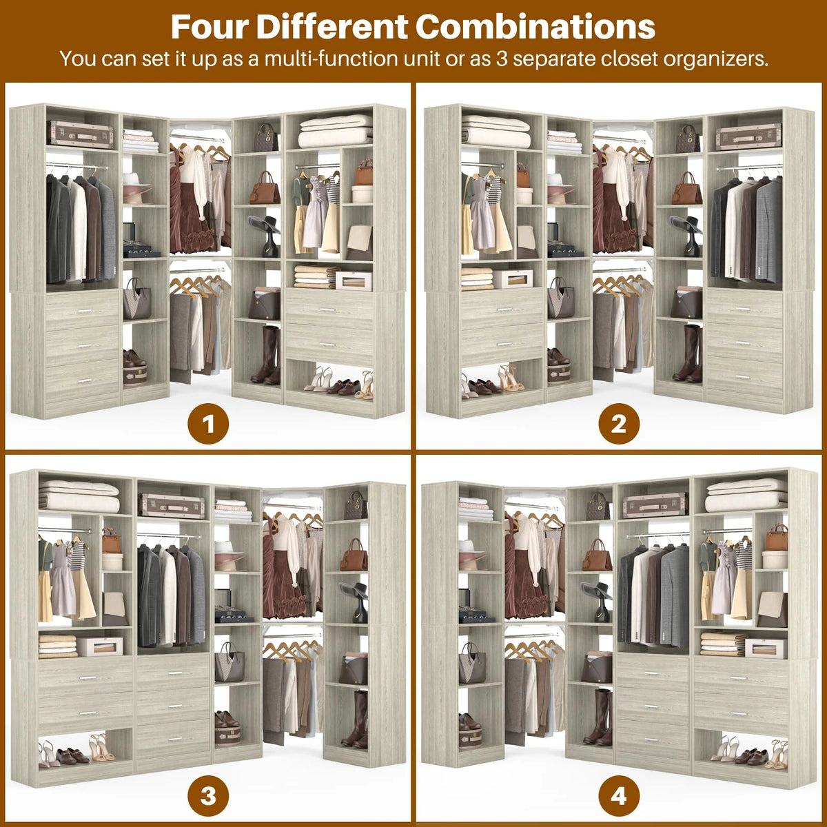 Homieasy Freestanding Closet System with 3 Sets, 87.2" Closet Organizer System with 5 Drawers & 4 Hanging Rods, Reversible L Shaped Walk-in Closets, Black