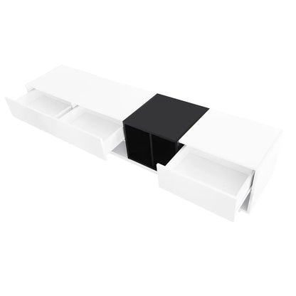 Modern TV Stand for 80 Inch TV, ON-TREND Sleek Two-Tone Media Console, Functional Storage Cabinet with Open & Hidden Compartments, Particle Board, Living Room Furniture, White