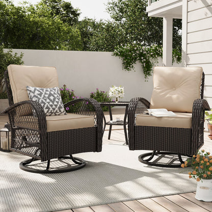 ELPOSUN 3 Pieces Patio Furniture Set, Outdoor Swivel Gliders Rocker, Wicker Patio Bistro Set with Rattan Rocking Chair, Glass Top Side Table and Thickened Cushions for Porch Deck Backyard
