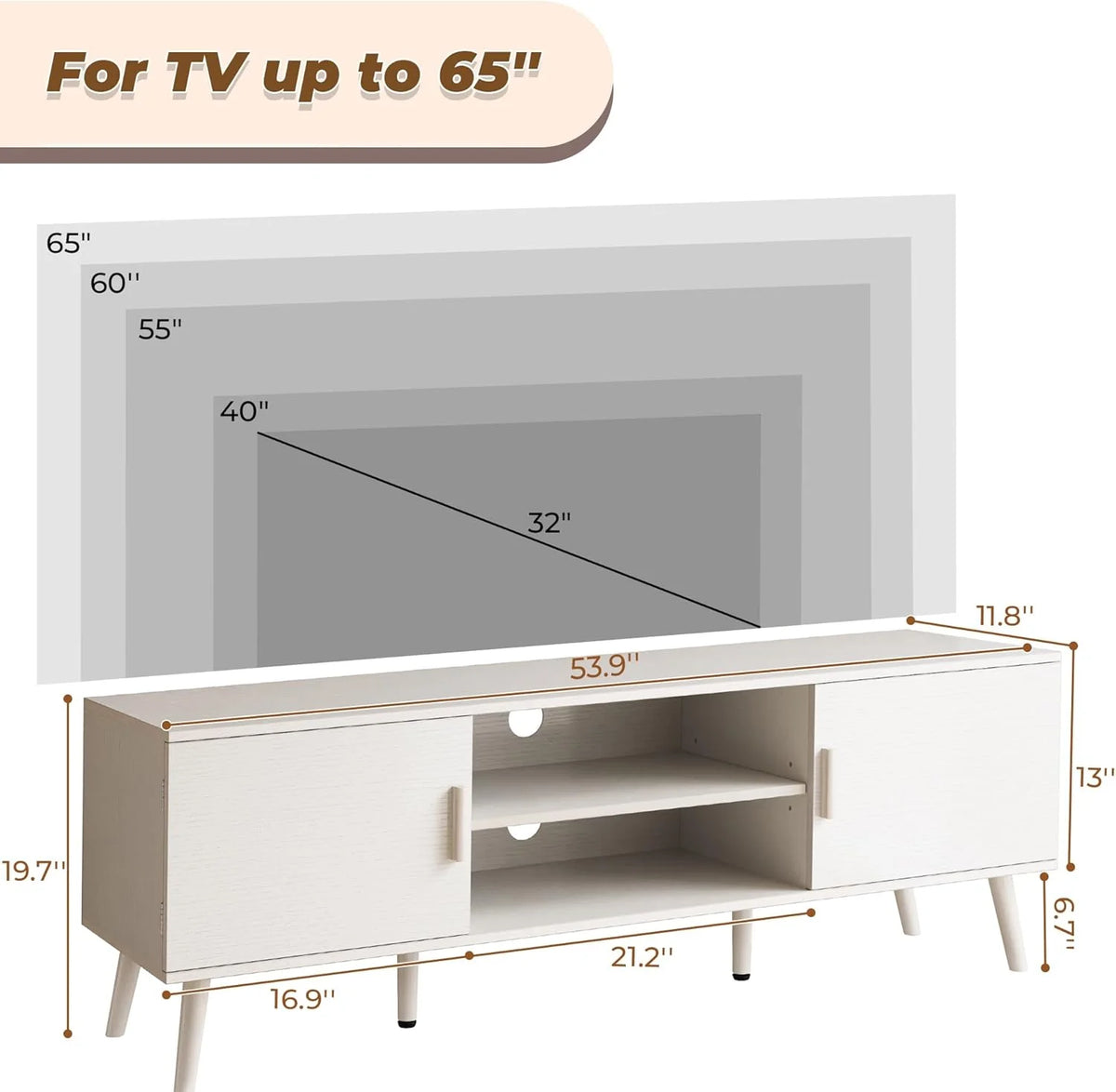 LL TV Stand for 55 Inch TV, Entertainment Center with Adjustable Shelf, 2 Cabinets, TV Console Table, Media Console, Solid Wood Feet, Cord Holes, for Living Room, Bedroom, White