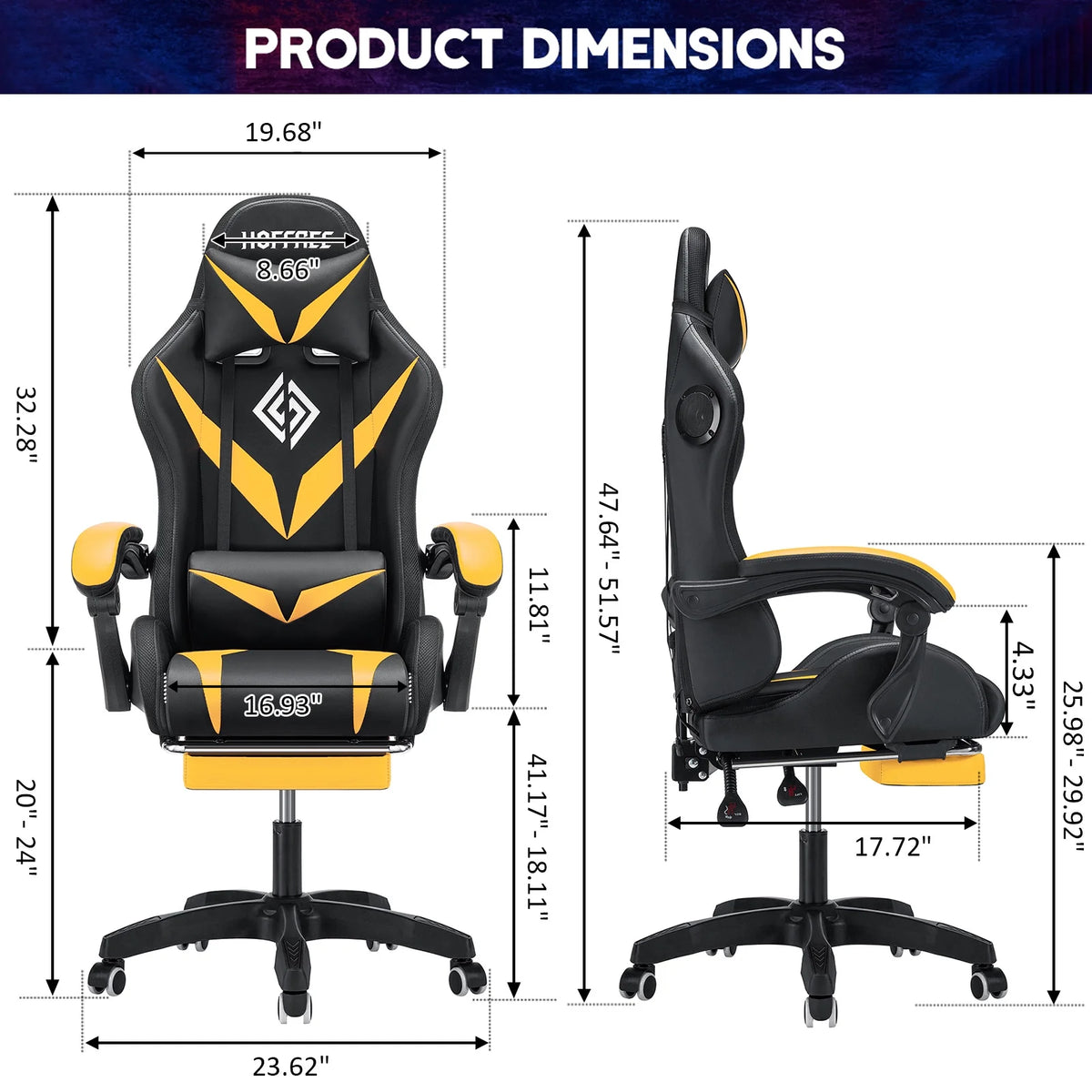Hoffree Gaming Chair with Speakers PU Leather Office Chair with Footrest and LED Lights Ergonomic Gamer Chair with Massage Lumbar Support and Headrest Adjustable Swivel for Home Office 300lb