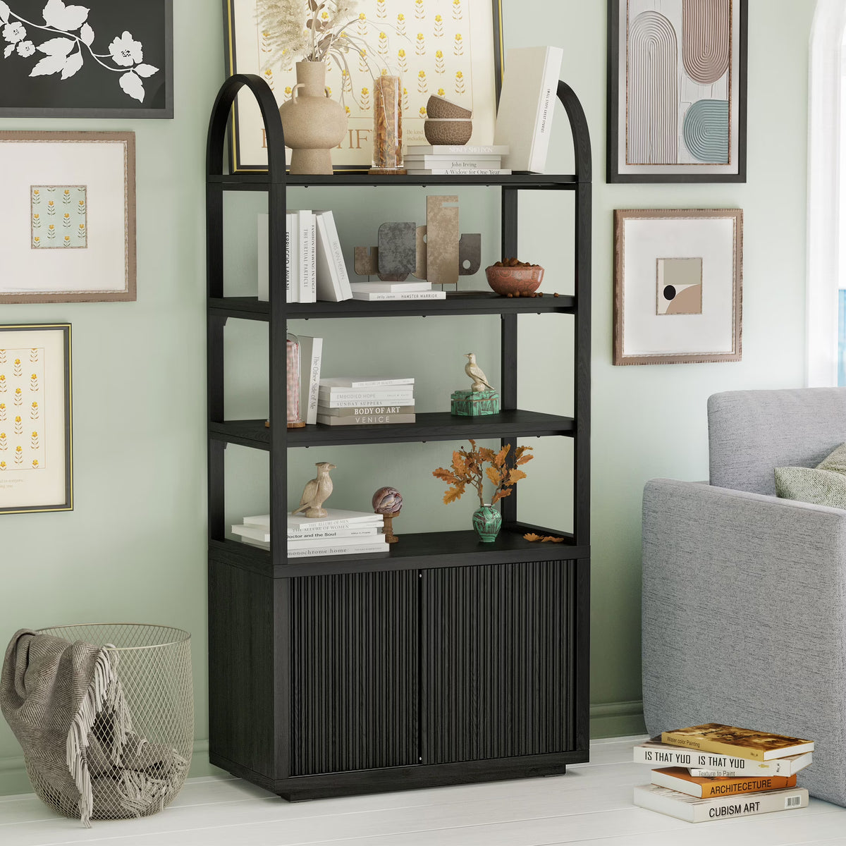 Beautiful Fluted 3-Shelf Bookcase with Storage Cabinet by Drew Barrymore, Light Honey Wood Finish