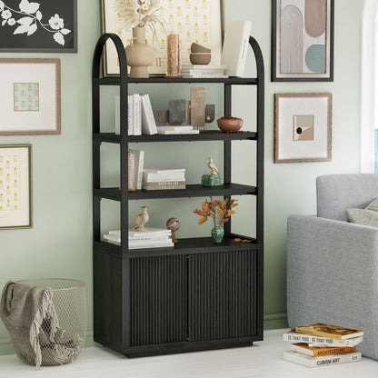 Beautiful Fluted 3-Shelf Bookcase with Storage Cabinet by Drew Barrymore, Light Honey Wood Finish