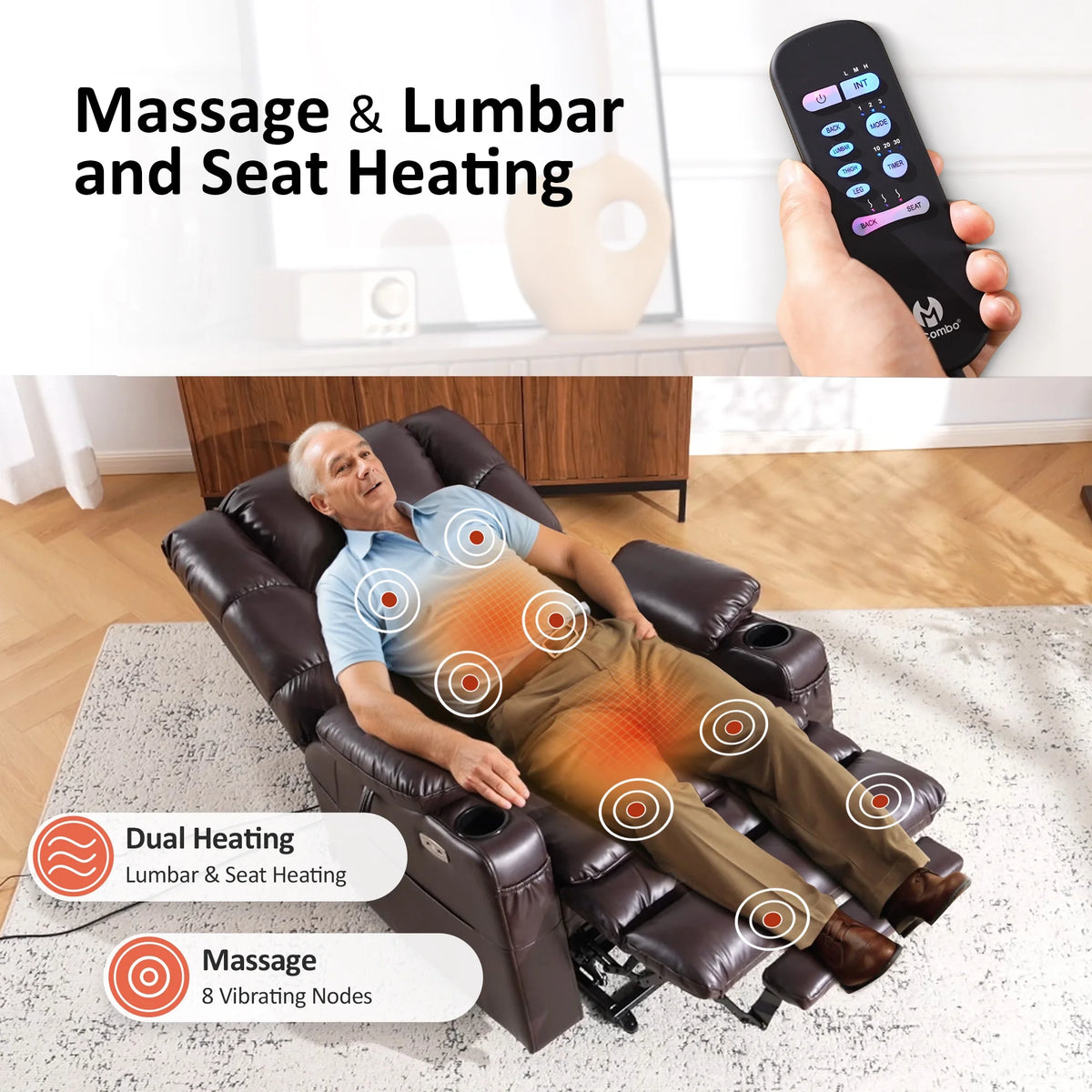 MCombo Triple Motor Power Lift Recliner for Elderly, Sleep Recliner Sofa with Adjustable Headrest, Faux Leather, Dark Brown