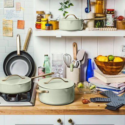 Beautiful 12pc Ceramic Non-Stick Cookware Set with Strainer Lids, White Icing by Drew Barrymore