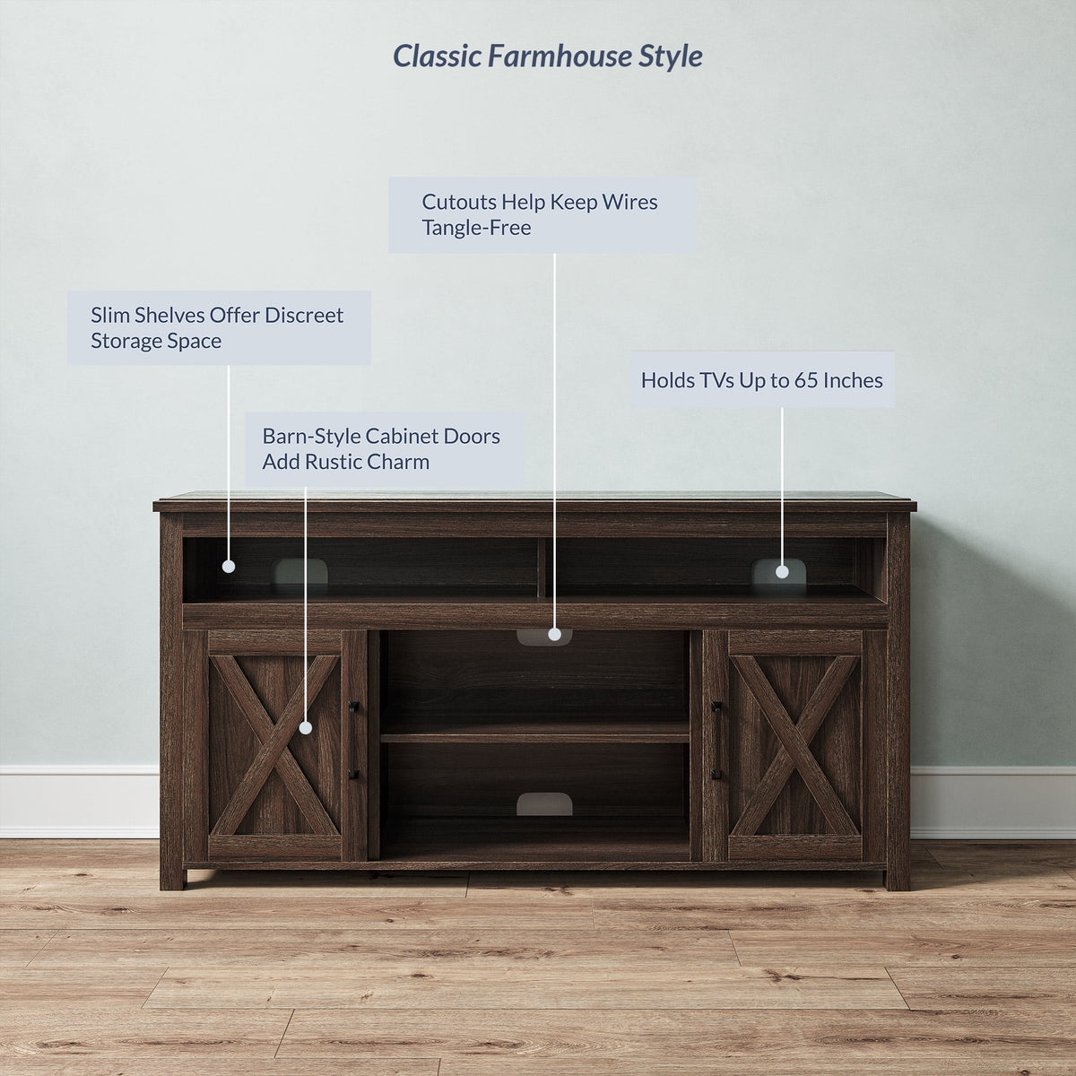 BELLEZE 58 Inch TV Stand, Contemporary Entertainment Center for TVs up to 65", Wood Media Console Table with Two Open Shelves and Barn Door Cabinets - Corin (White)