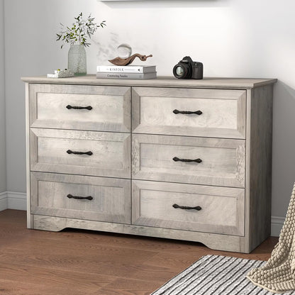 Homhougo White Dresser for Bedroom 6 Drawer, Wood Organizer Storage Cabinet with Gray Strip Drawer Door, Chest of Drawers for Closet, Living Room, Hallway, Nursery, Kids Bedroom