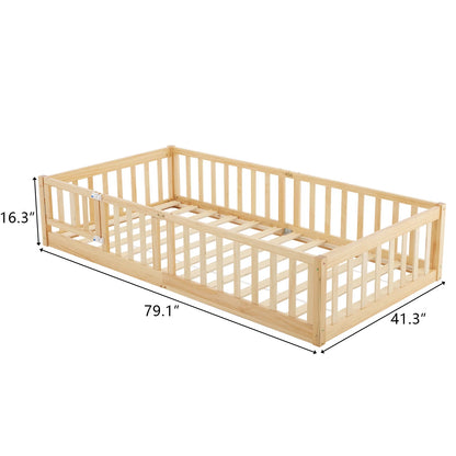 Ktaxon Montessori Twin Floor Bed with Safety Guardrails, Toddler Bed Frame for Kids, Wood Frame - Nature