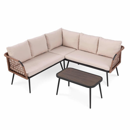 LAUSAINT HOME 4 Pieces Outdoor Conversation Sets, Patio Metal Frame Sofa with Wood Loveseat and Coffee Table, Beige Cushions