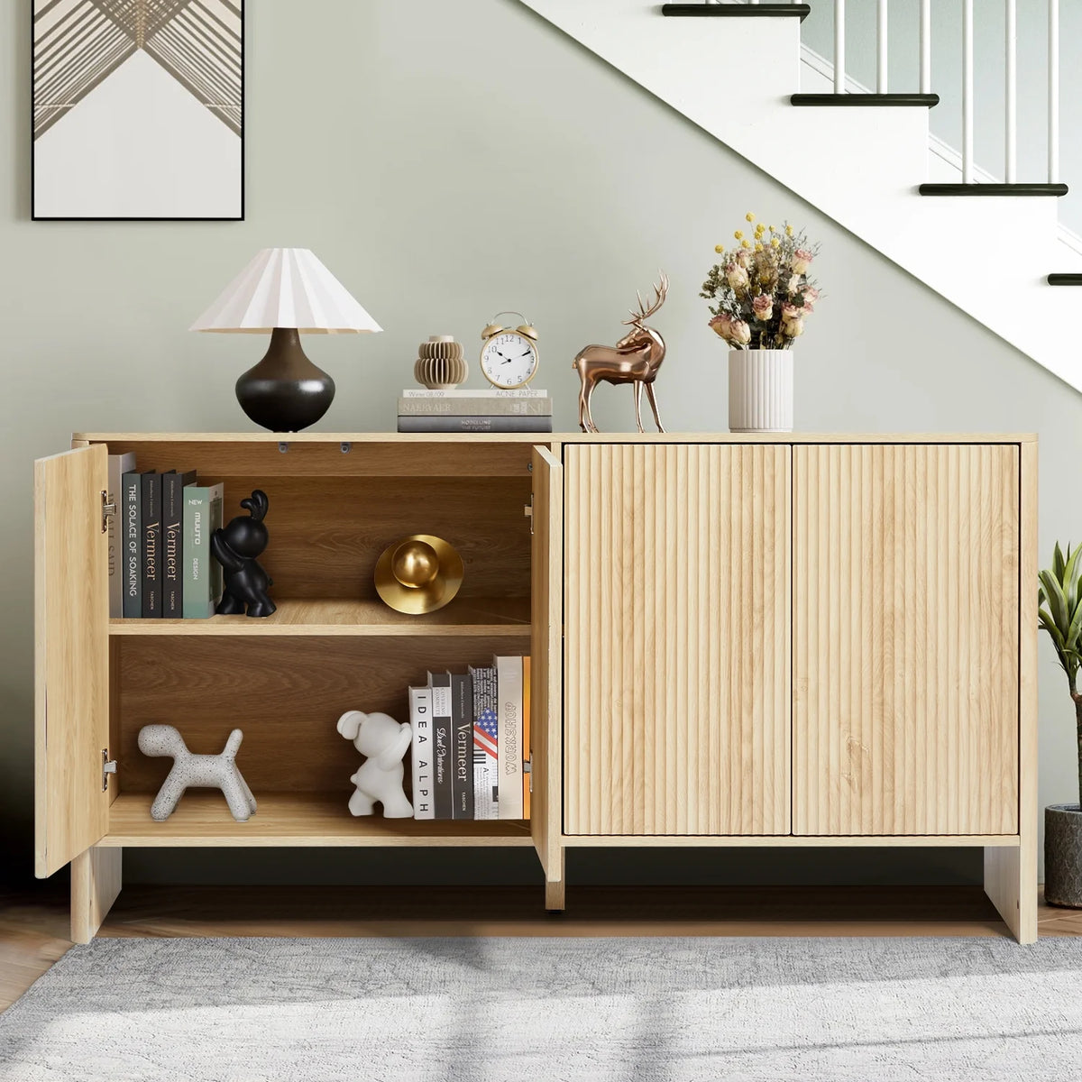 Wirrytor Sideboard Storage Cabinet with Doors and Shelves, Buffet Cabinet with Storage, Credenza Storage Cabinet for Kitchen, Wooden Fluted Cabinet, Under TV Cabinet with Storage - Black