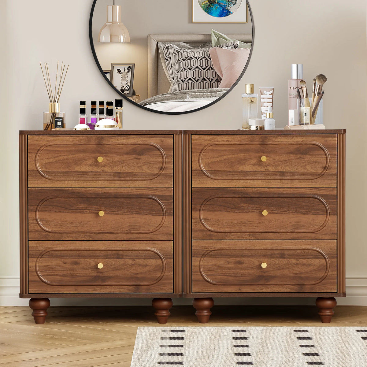 YOCWO 3 Drawer Nightstand, Classic Chest of Drawers with Arc Edge, Walnut