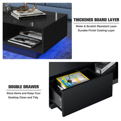 Hommpa LED Coffee Table Modern Side Tables High Gloss Black Cocktail Table with 2 Drawers Open Shelf for Living Room