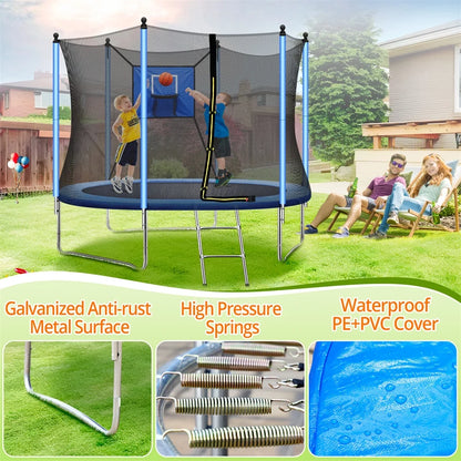 8FT Kids Recreational Trampoline with Basketball Hoop, Enclosure Net and 2 Steps Ladder for Indoor, Outdoor and Backyard, Blue