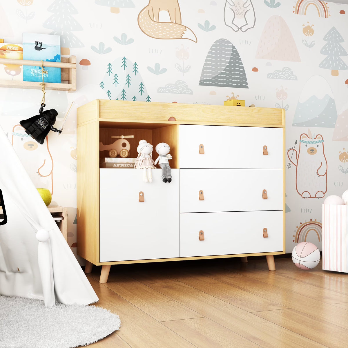 OXYLIFE 45" Baby Nursery Changing Table Dresser with 4 Drawers and Shelf for Nursery Room, White
