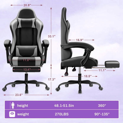 Lacoo PU Leather Gaming Chair Massage Ergonomic Gamer Chair Height Adjustable Computer Chair with Footrest & Lumbar Support, White