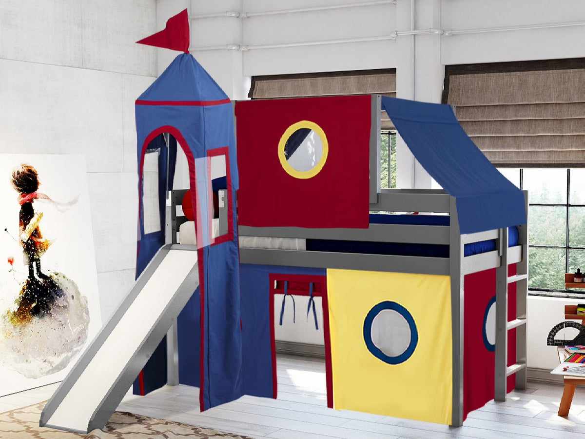 JACKPOT! Castle Low Loft Bed with Slide, Red Yellow and Blue Tent and Tower, Twin, Cherry