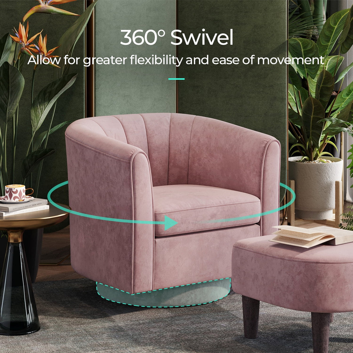 LINSY HOME Swivel Accent Chair with Ottoman, Velvet Barrel Chair for Living Room, Blue