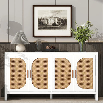 Modern Rattan Sideboard Buffet Cabinet, Kitchen Storage Cabinet, Living Room TV Stand for TVs up to 65", Entertainment Center with Adjustable Shelf, for Dining Living Room Hallway, White