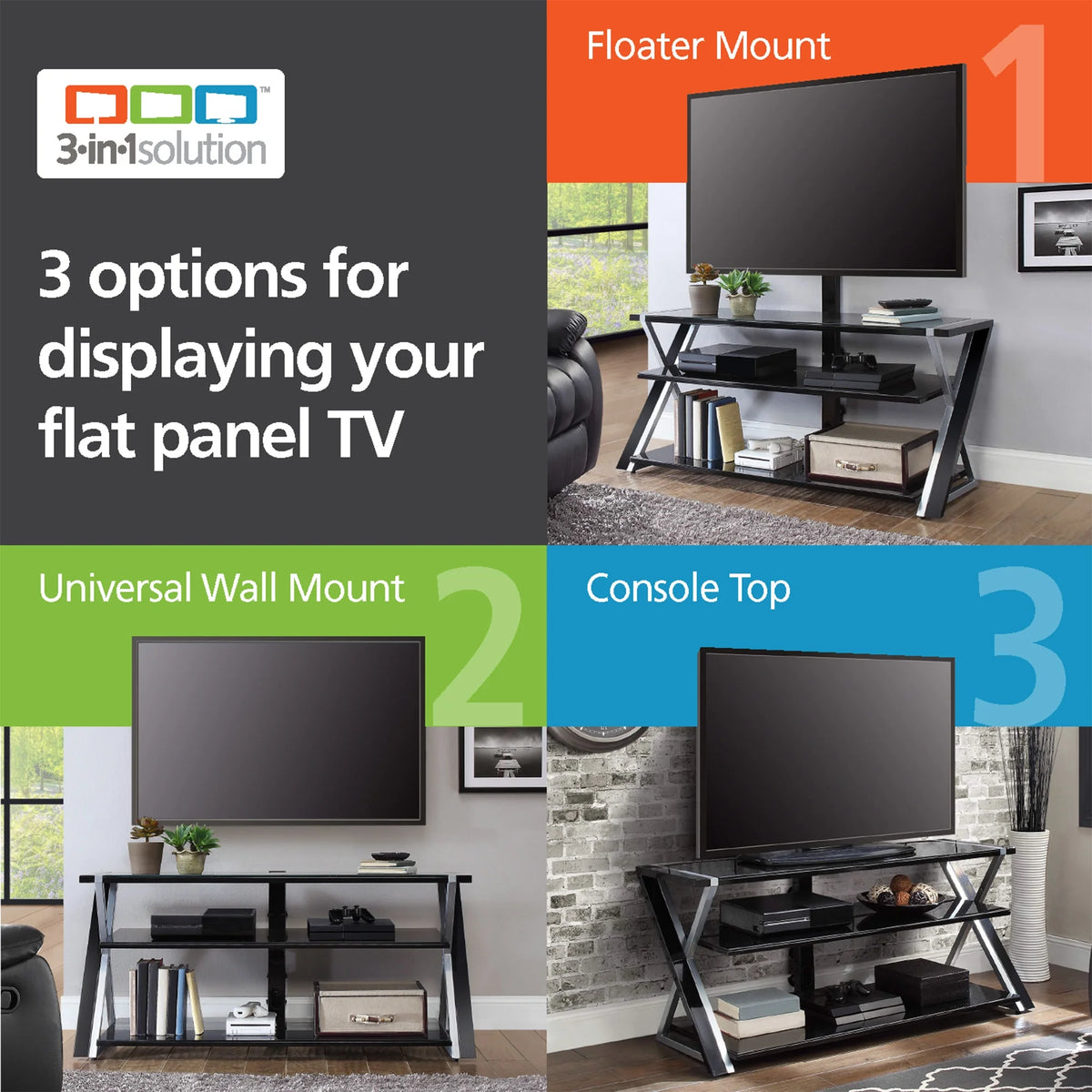 Whalen Xavier 3-in-1 Television Stand for TVs up to 70", Black