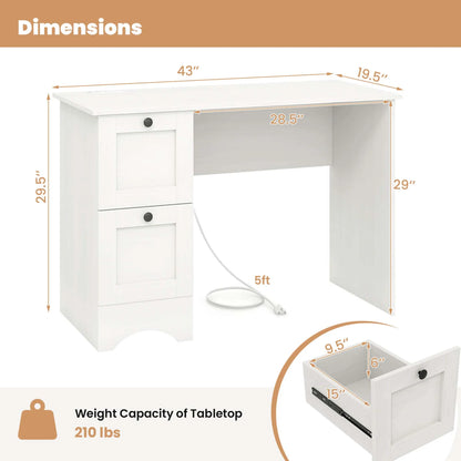 Costway 43" Home Office Desk with Charging Station Compact Study Writing Desk Walnut