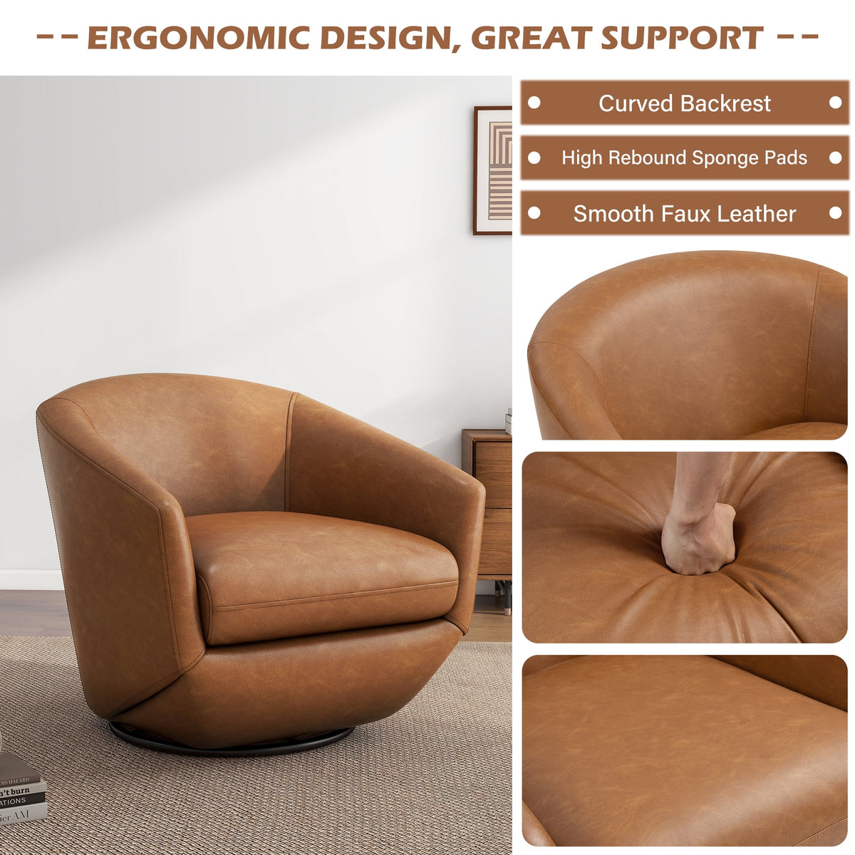 DREAMSIDEA Faux Leather Swivel Accent Chair Sets of 2 360�� Swivel Barrel Chair,Swivel Club Sofa for Living Room, Bedroom, Office,Brown