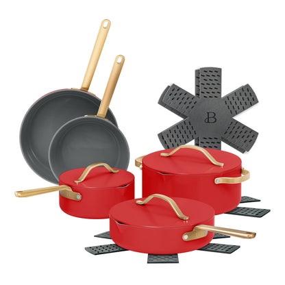 Beautiful 12pc Ceramic Non-Stick Cookware Set with Strainer Lids, White Icing by Drew Barrymore