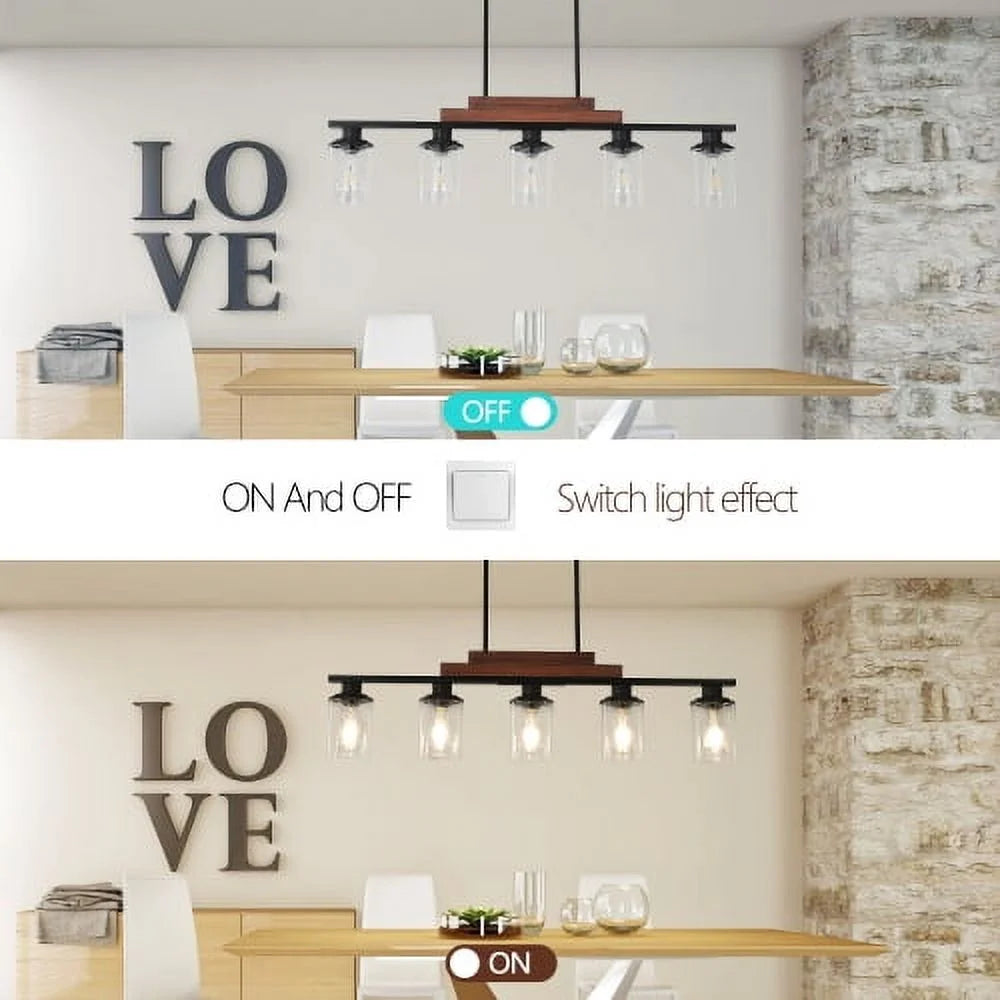 ACE-LIGHTS,Modern Industrial 5-Light Chandelier with Clear Glass Shades(Bulbs Not Included),Hanging Ceiling Light Fixture for Living Room,Dining Room,Kitchen Island(Black)